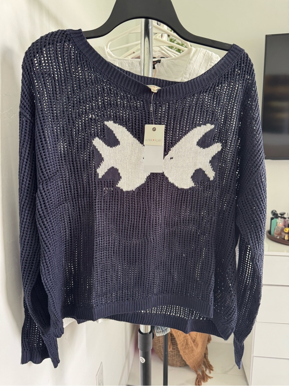 Ultra Flirt Navy Open-Knit Crewneck Sweater with White Bird Motif
